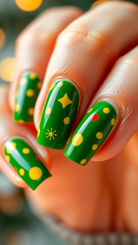 Festive Green and Yellow Christmas Nail Art Close-up of green and yellow Christmas nail art with festive designs.